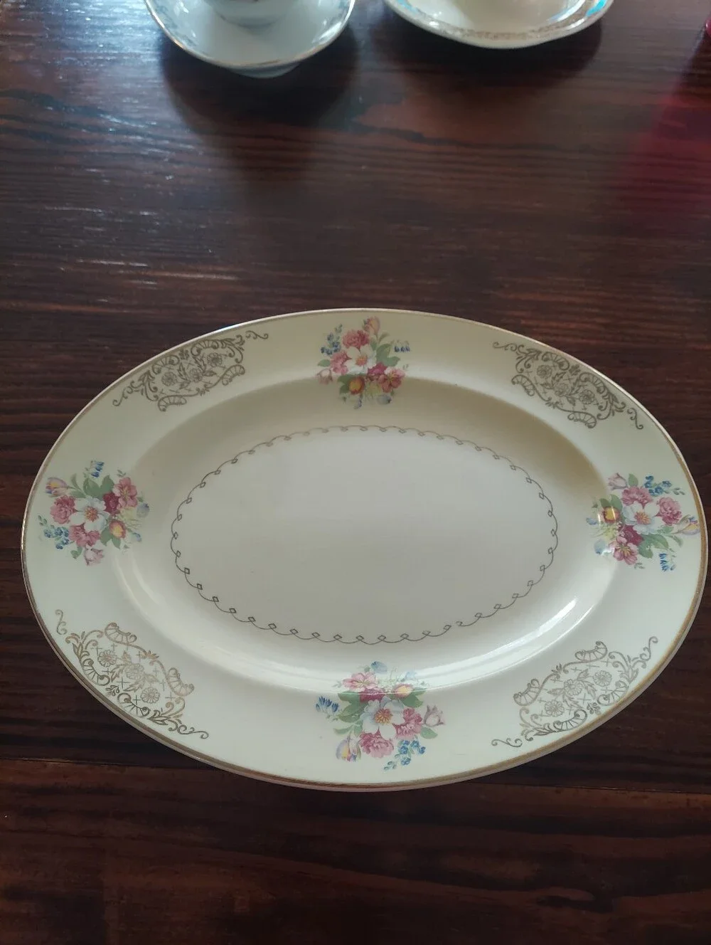 Cream Porcelain Floral Serving Platter with Gold Trim